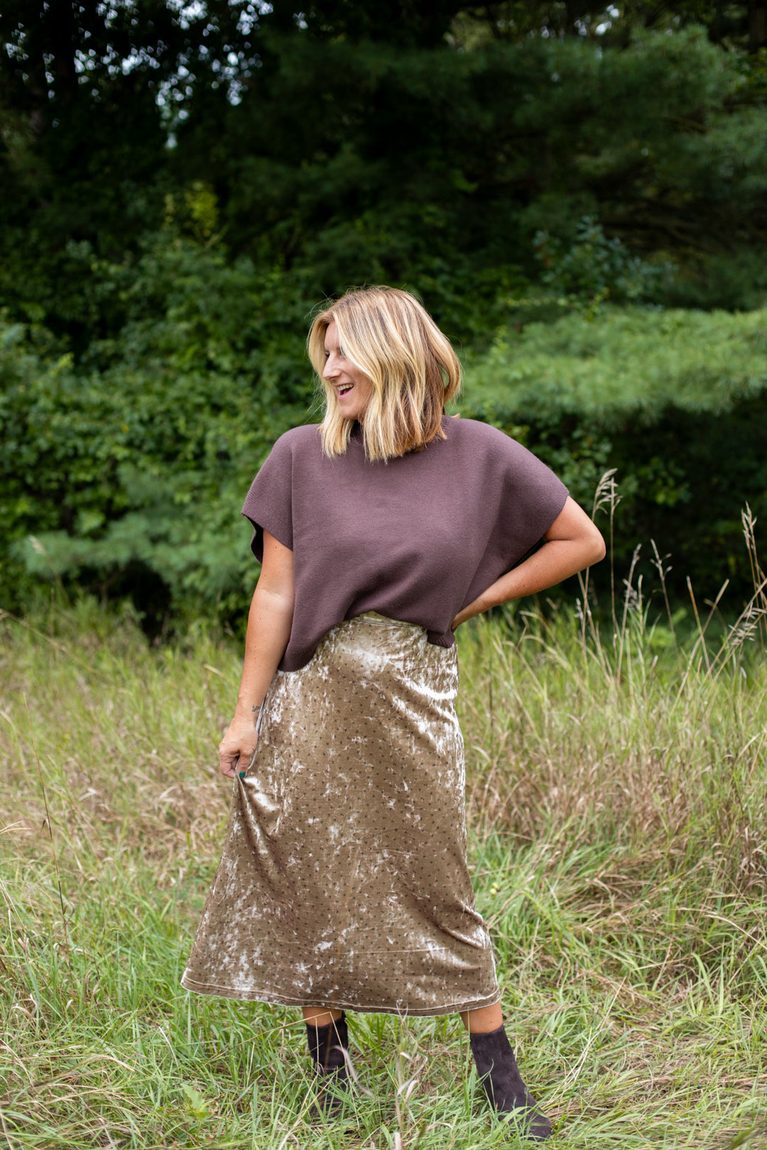 Velvet Floral Midi Skirt