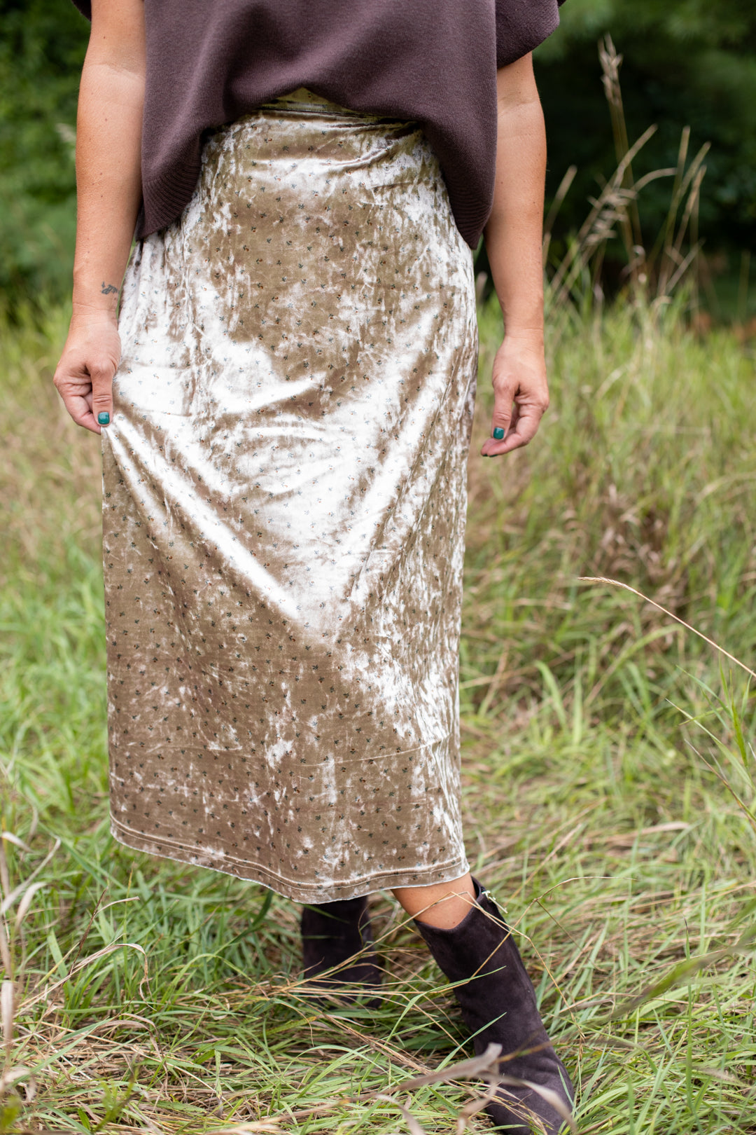 Velvet Floral Midi Skirt