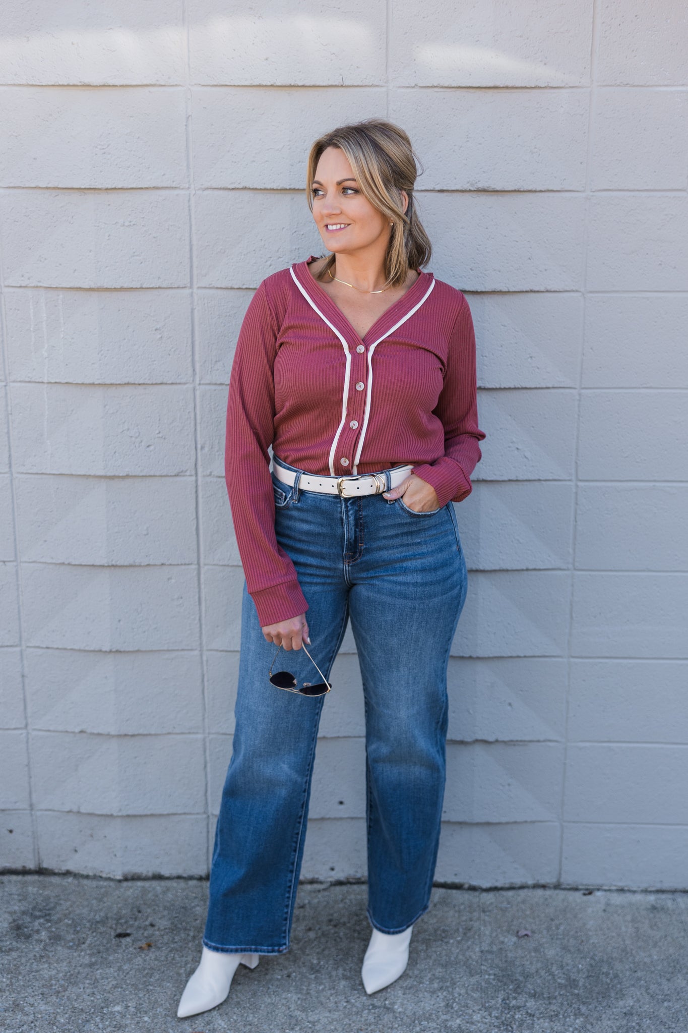 Heather Ribbed Button Up Top