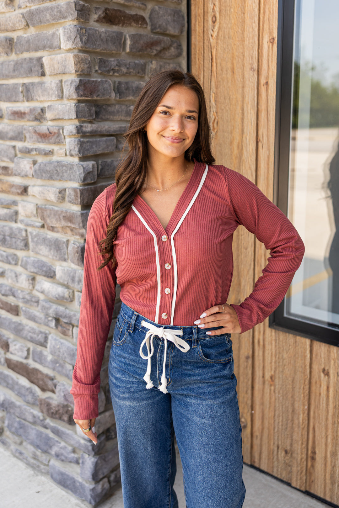 Heather Ribbed Button Up Top