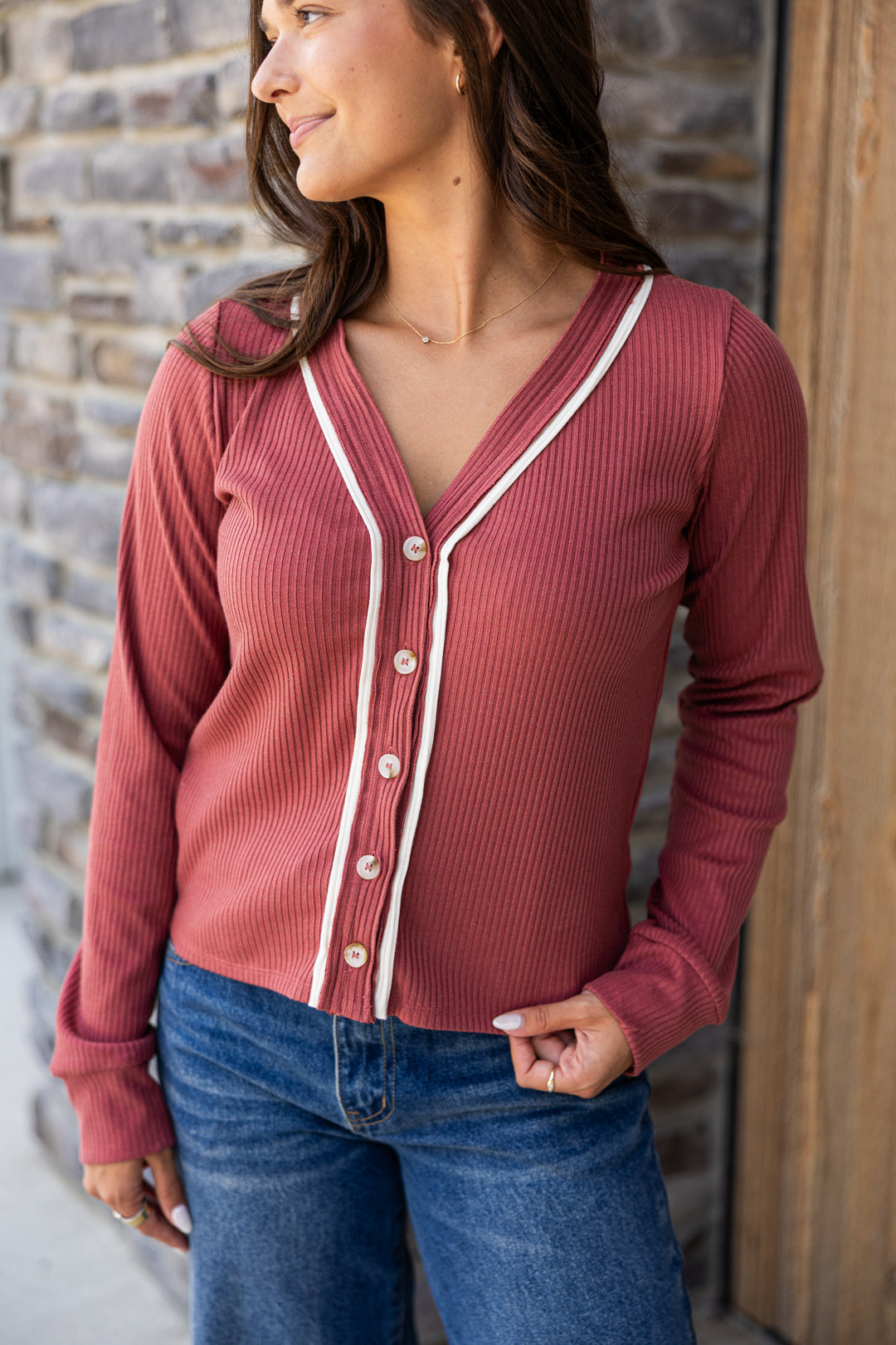 Heather Ribbed Button Up Top