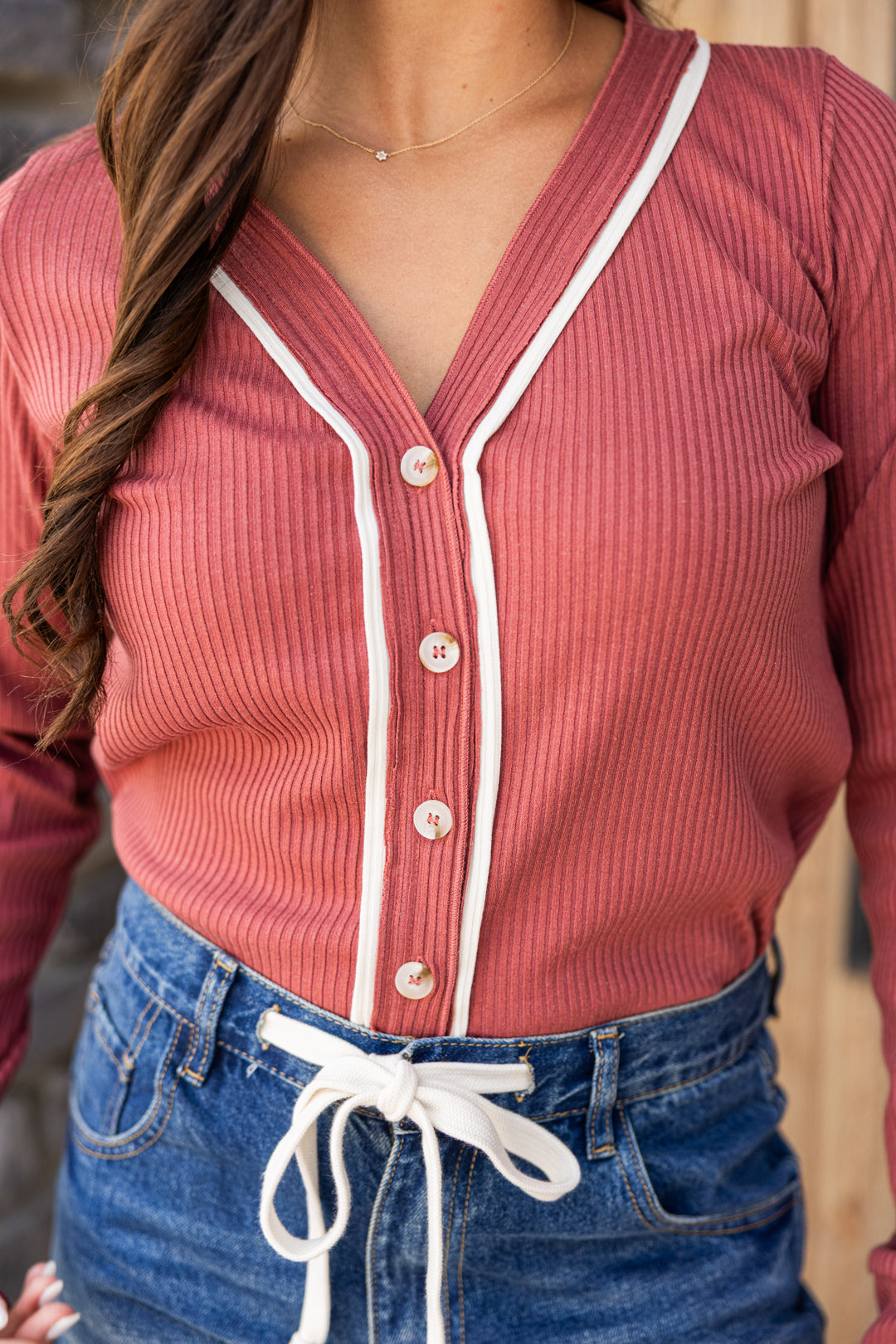Heather Ribbed Button Up Top