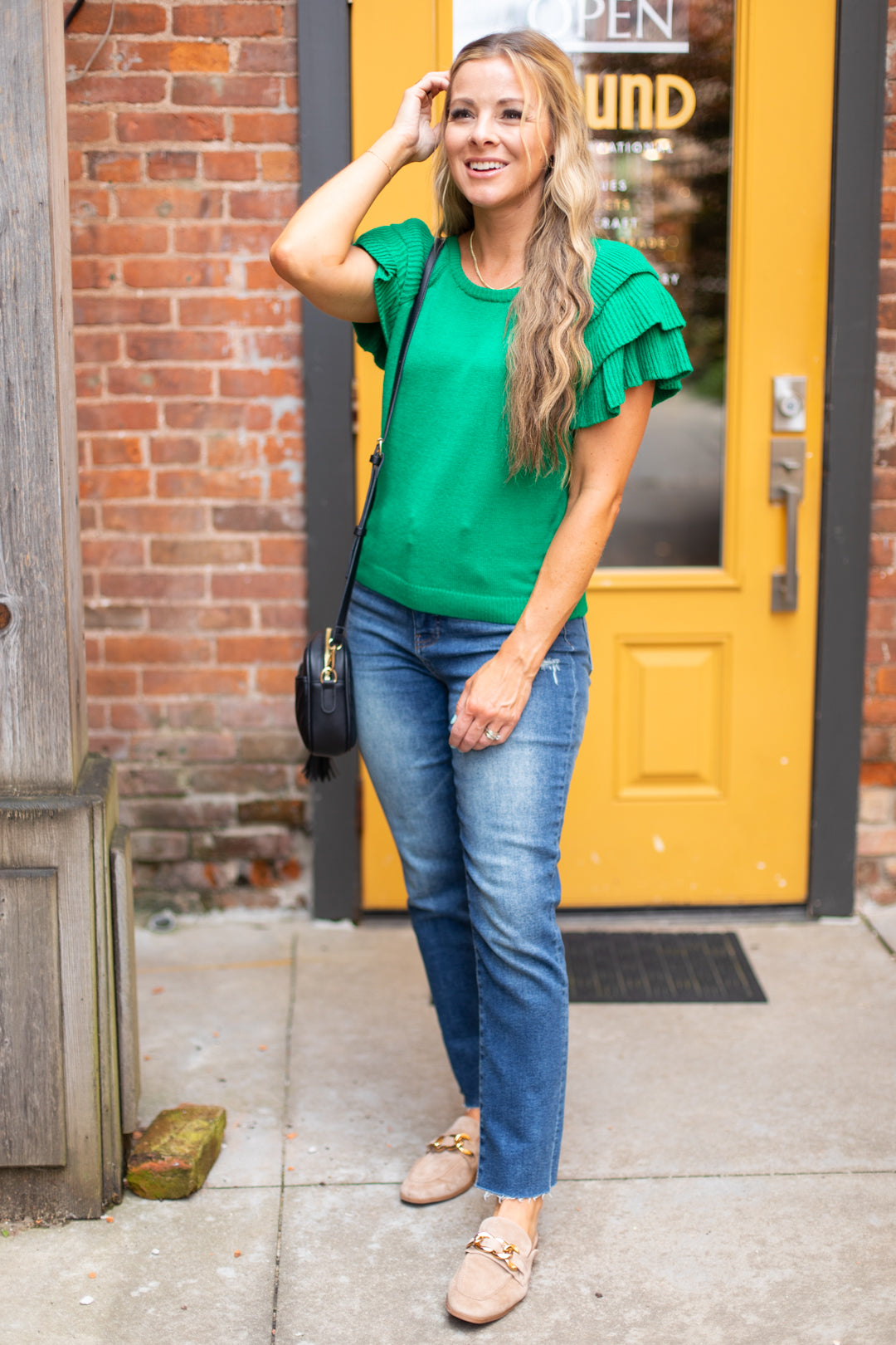 Erica Ruffle Shoulder Sweater Top