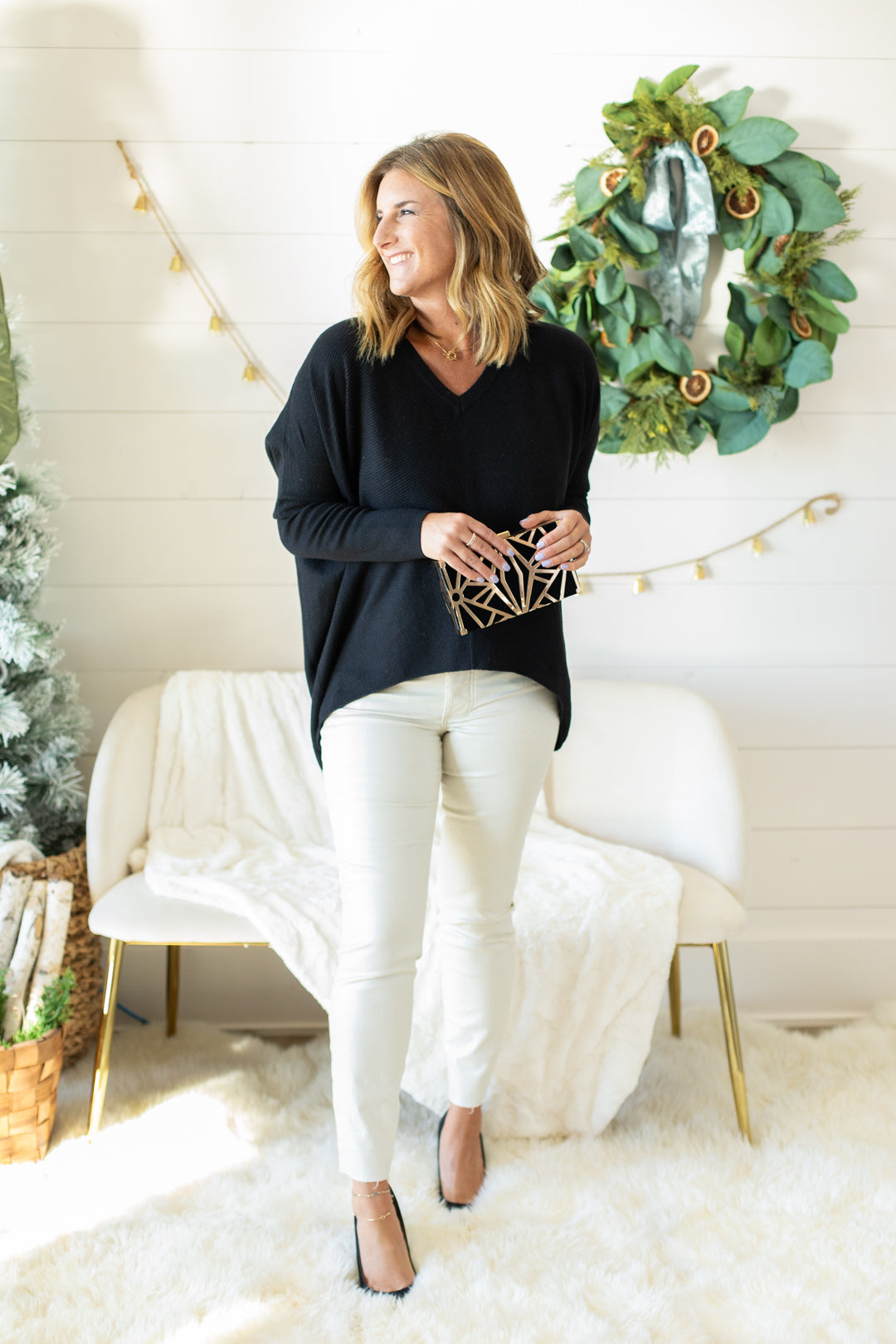 Nikki Ribbed V Neck Dolman Tunic