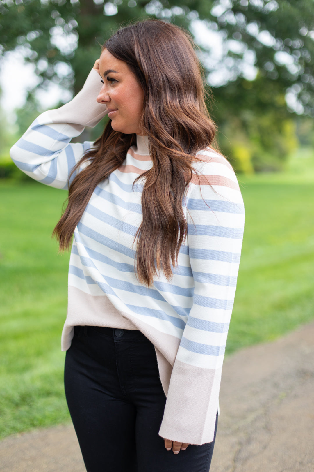 Load image into Gallery viewer, Jessie Striped Mock Neck Sweater
