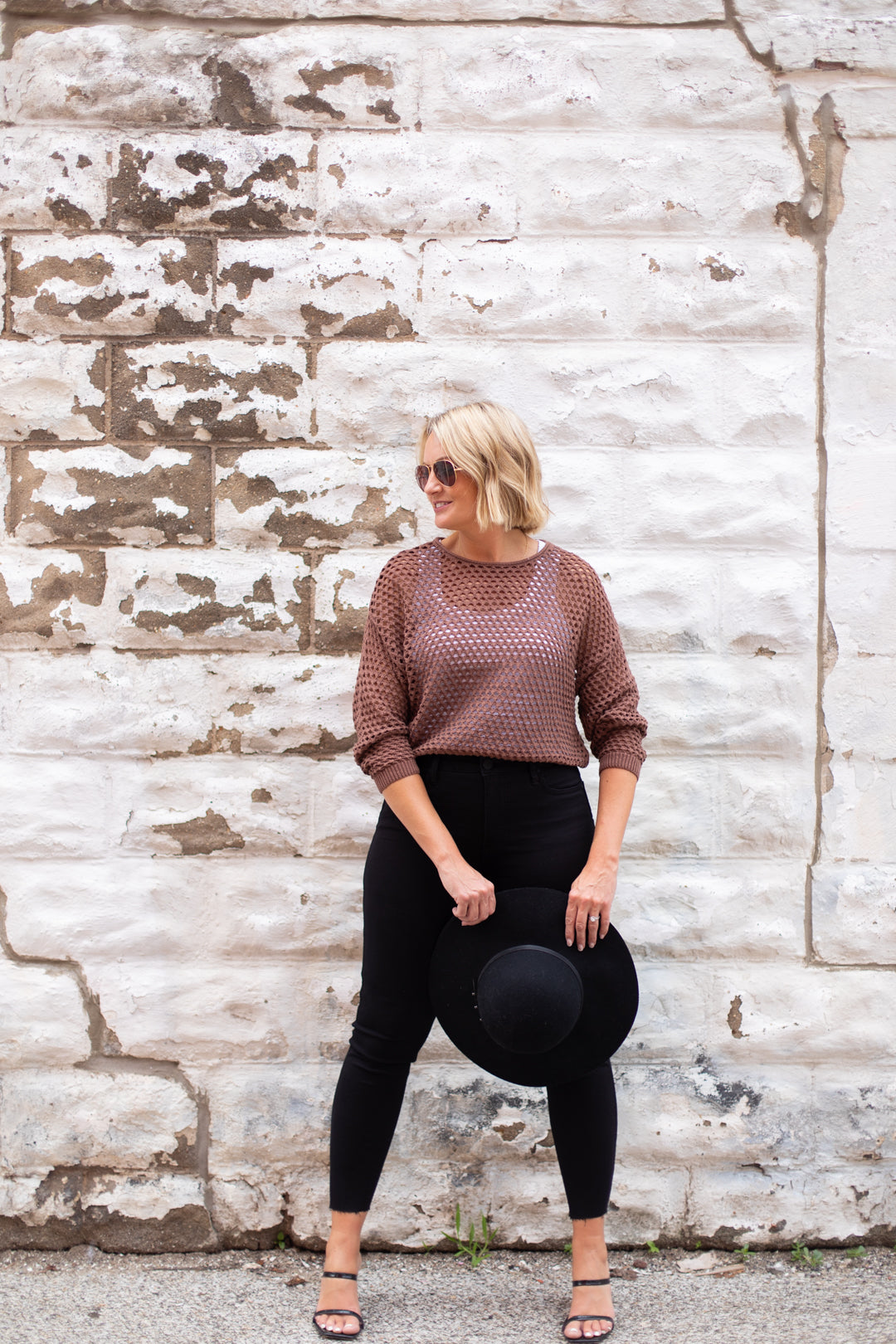 Mocha Crochet Elbow Sleeve Top