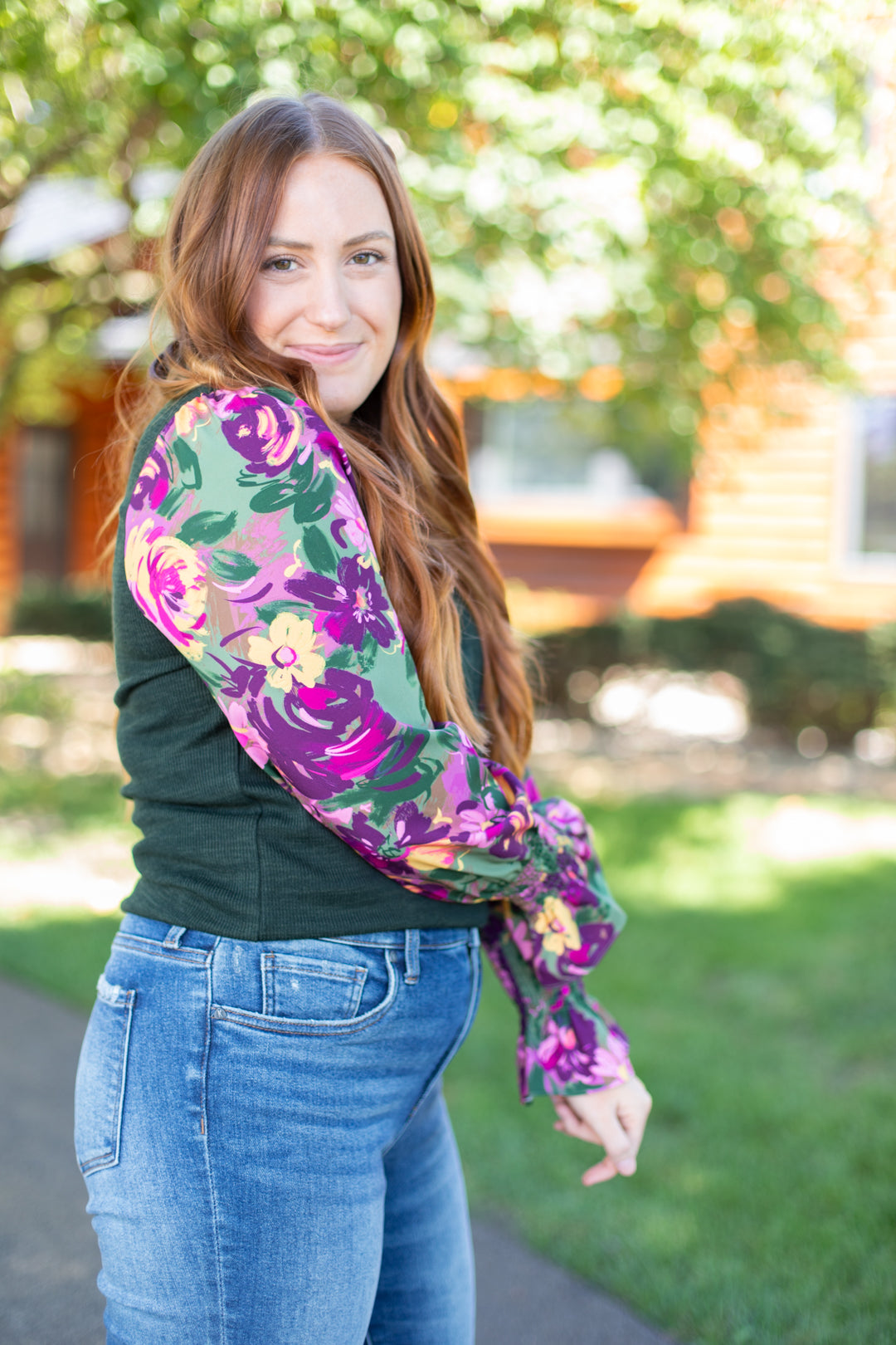 THML Ellen Floral Mixed Media Top