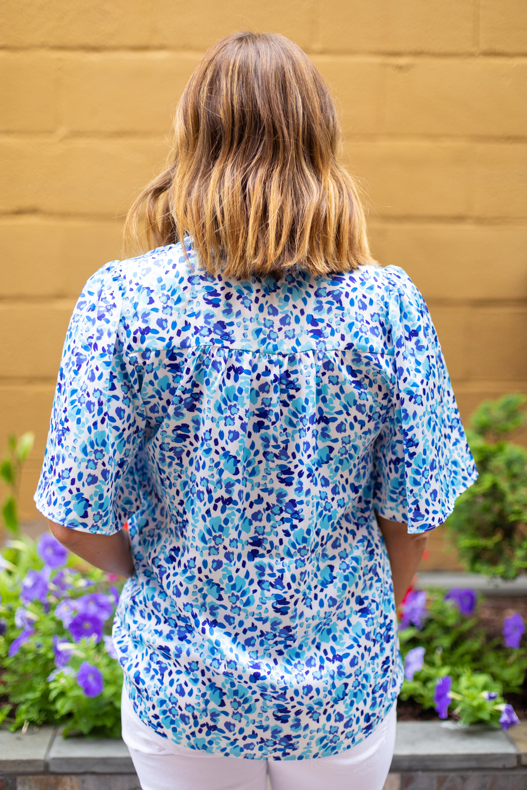 Watercolor Ruffle Split Neck Top