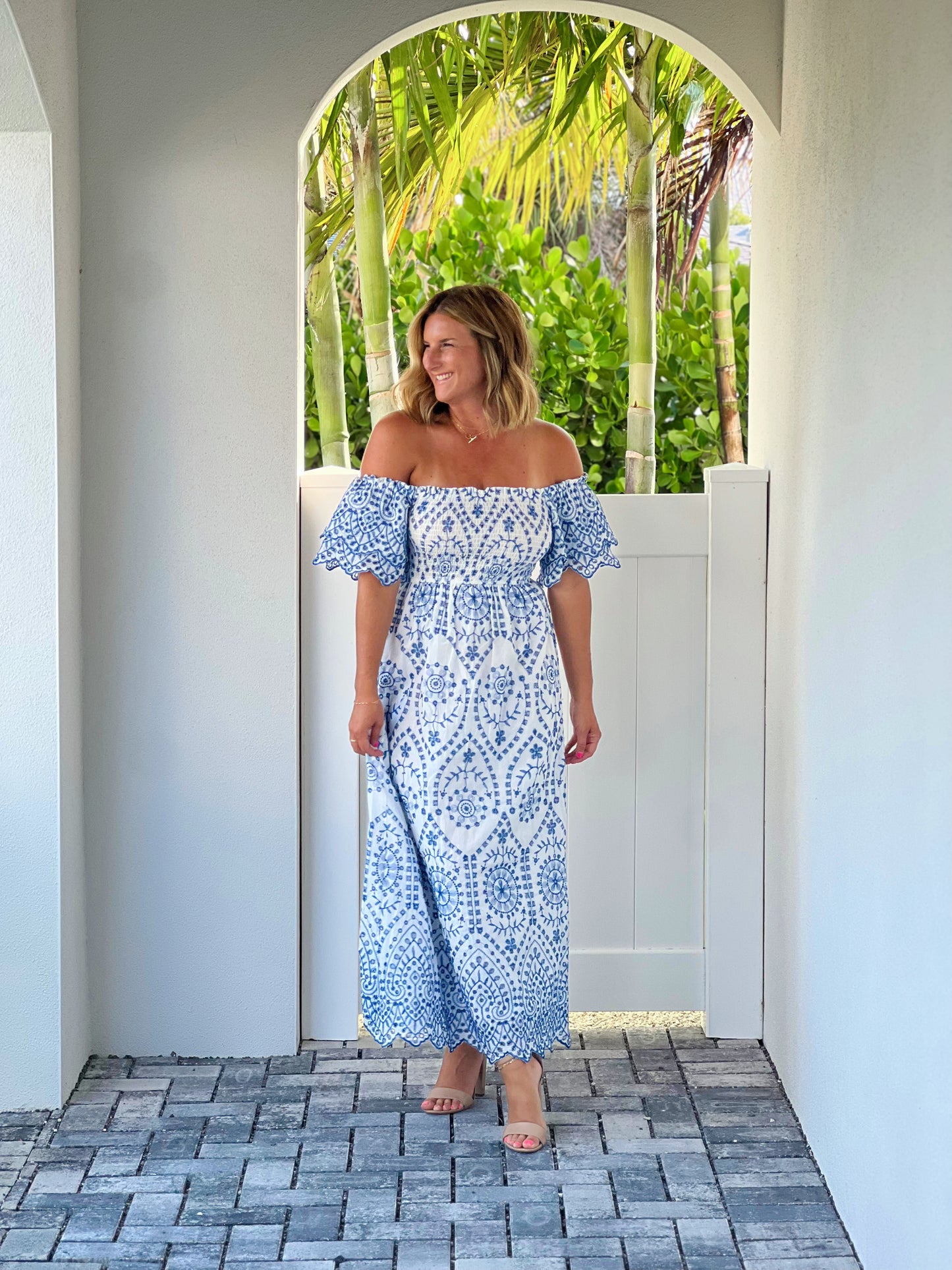 Eyelet Ruffle Sleeve Midi Dress