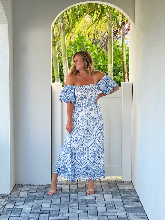 Eyelet Ruffle Sleeve Midi Dress