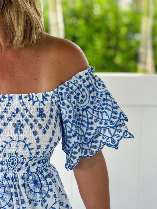 Eyelet Ruffle Sleeve Midi Dress