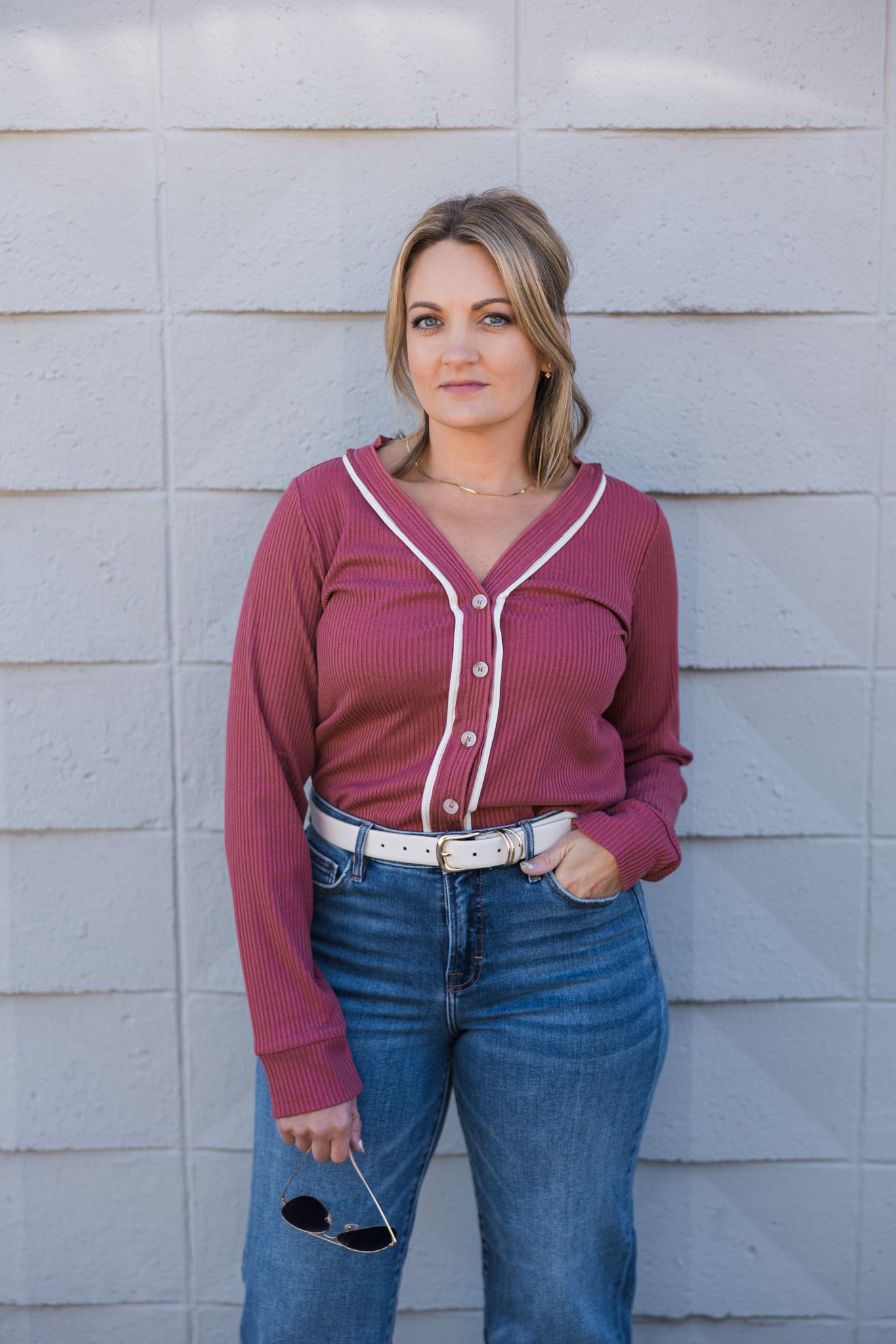 Heather Ribbed Button Up Top