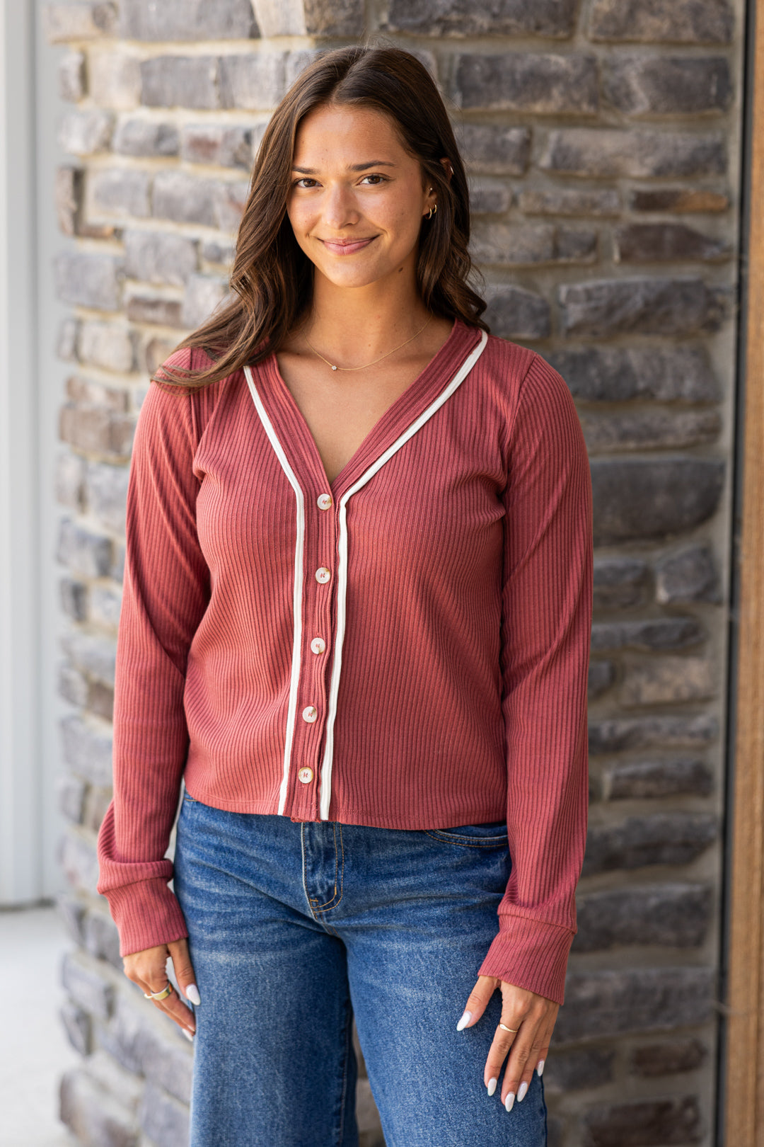 Heather Ribbed Button Up Top